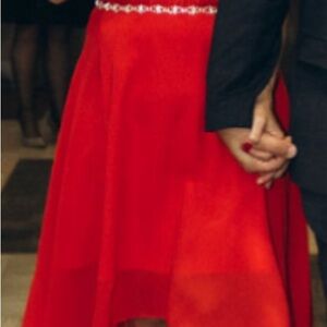 JJ’s House formal dress in red with lace and diamonds empire waist band.